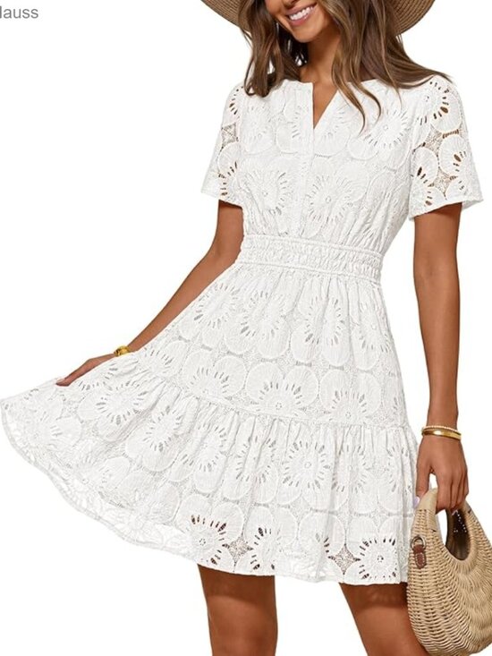 Lace Boho Mini Dress Short Sleeve V-Neck A-Line Summer Vacation